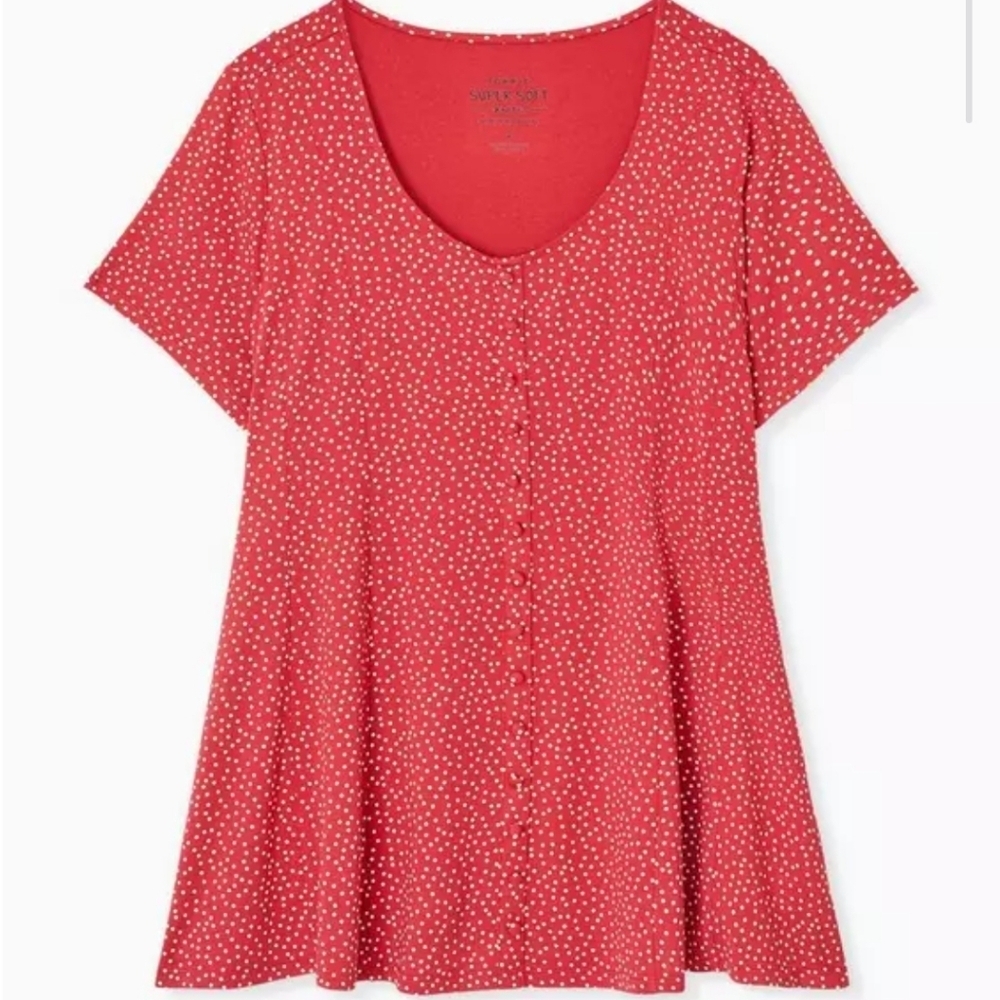 Torrid Super Soft Seamed Faux Button Short Sleeve Polka Dot Top Medium Red White